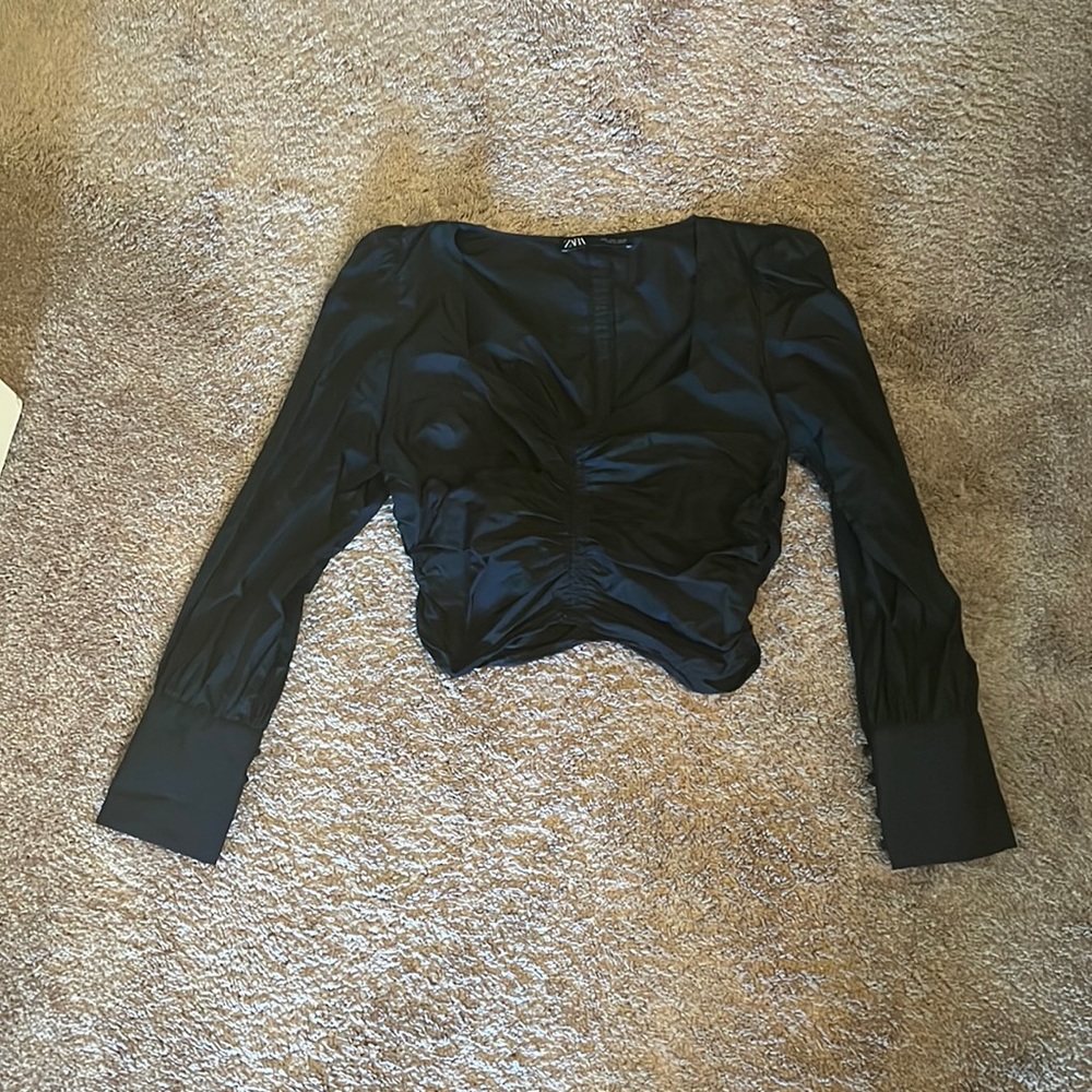 Zara Black taffeta cropped rushed top